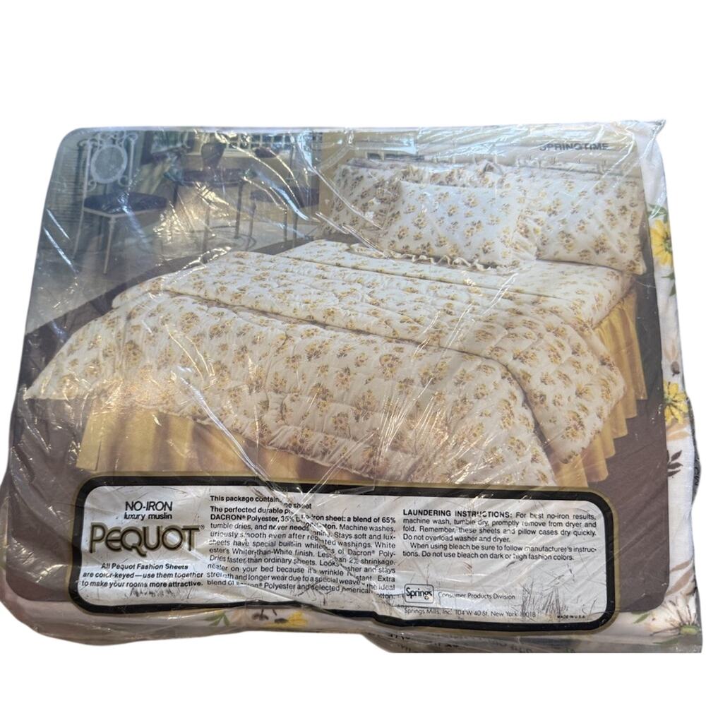 VTG 1980s Pequot No-Iron Percale Double Flat Fitted Sheet Set Dainty Daisies NEW